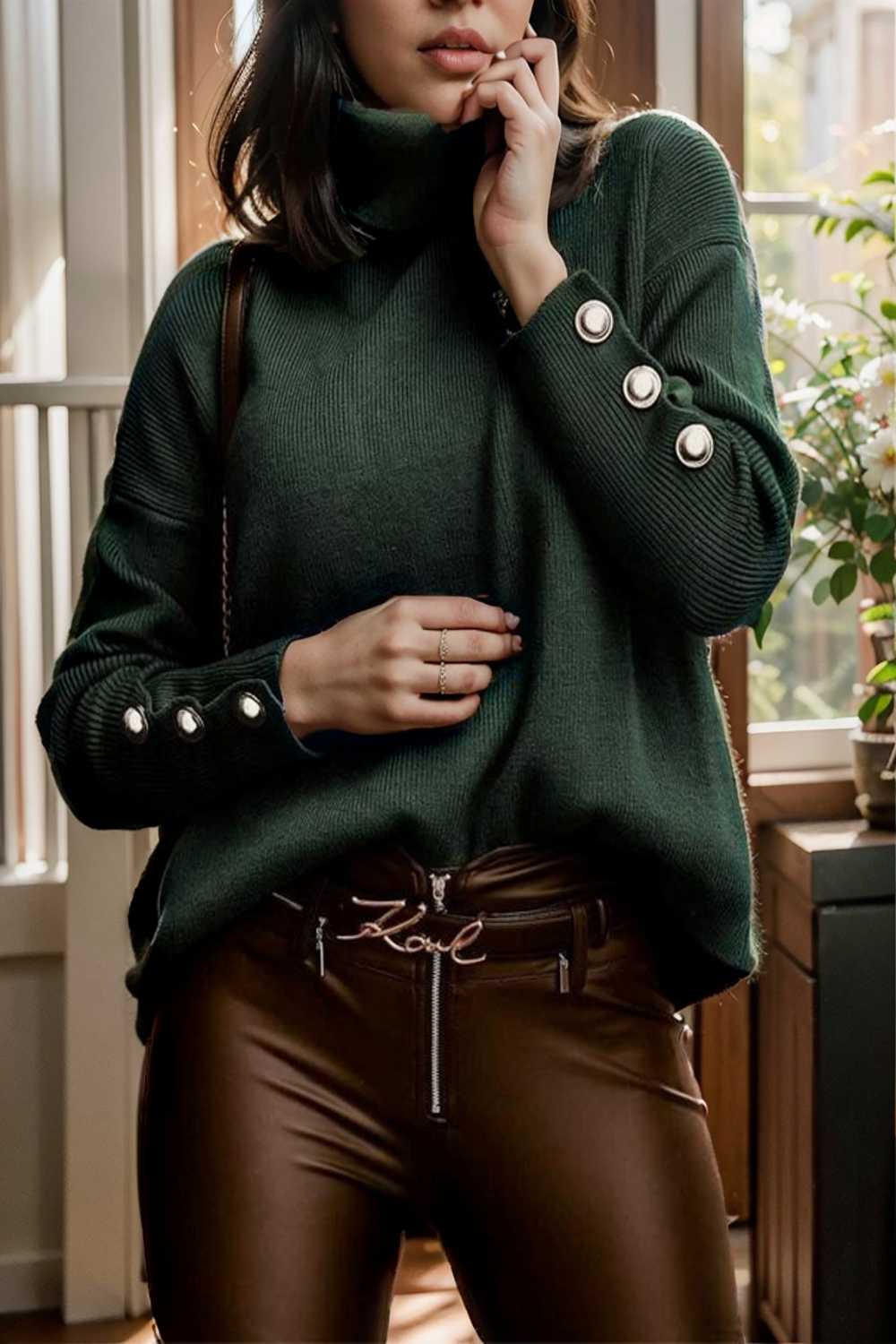women s sweaters solid high collar button long sleeve sweater 107270