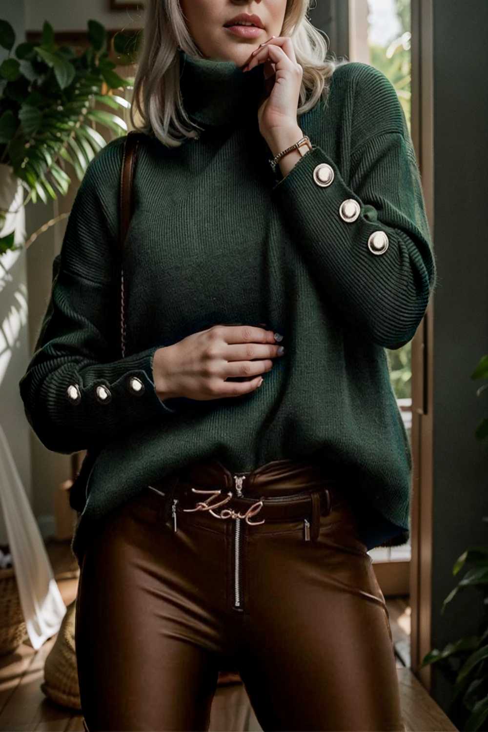 women s sweaters solid high collar button long sleeve sweater 107269