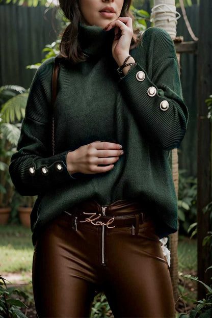 women s sweaters solid high collar button long sleeve sweater 107787