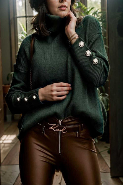 women s sweaters solid high collar button long sleeve sweater 109260