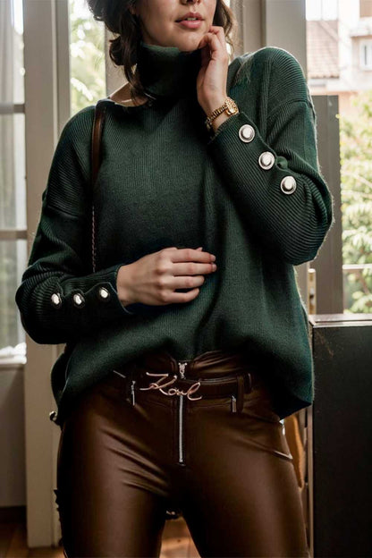women s sweaters solid high collar button long sleeve sweater 109259