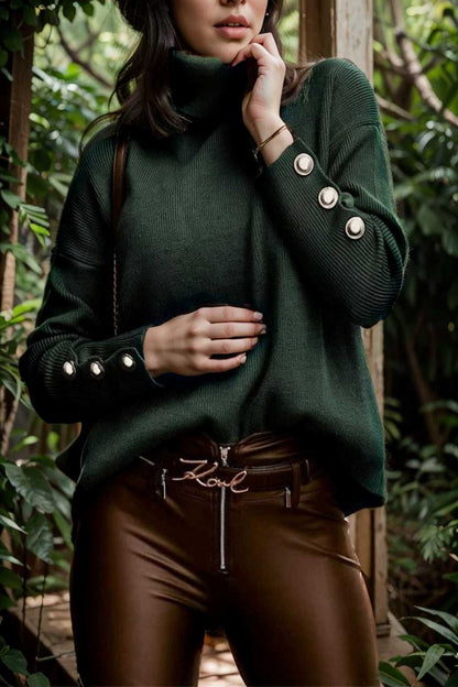 women s sweaters solid high collar button long sleeve sweater 107784