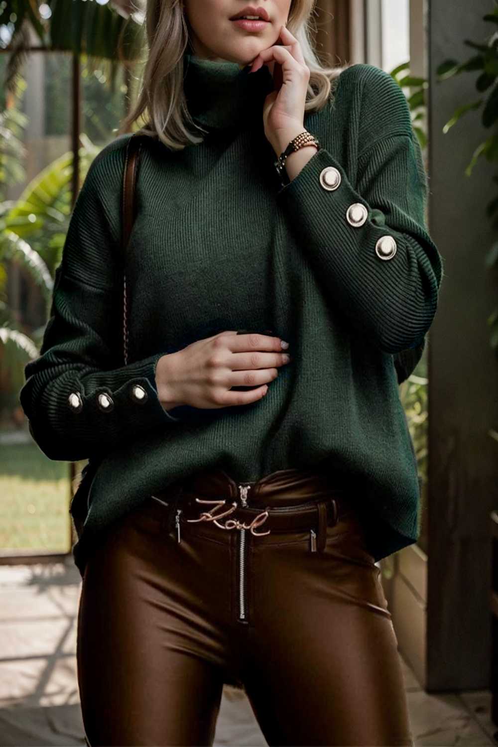 women s sweaters solid high collar button long sleeve sweater 107782