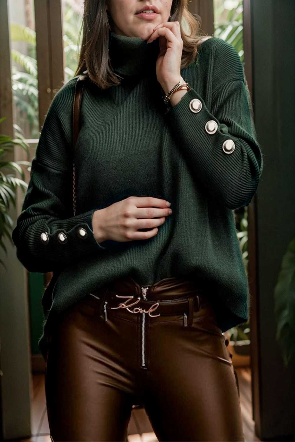 women s sweaters solid high collar button long sleeve sweater 109255