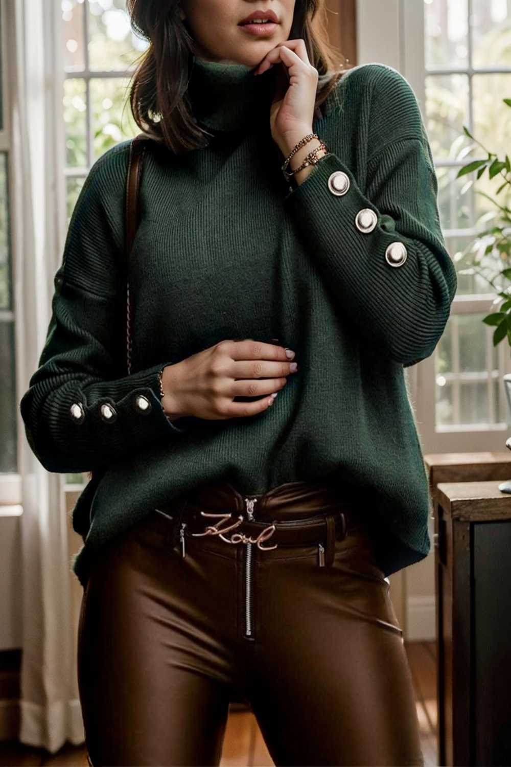 women s sweaters solid high collar button long sleeve sweater 107781