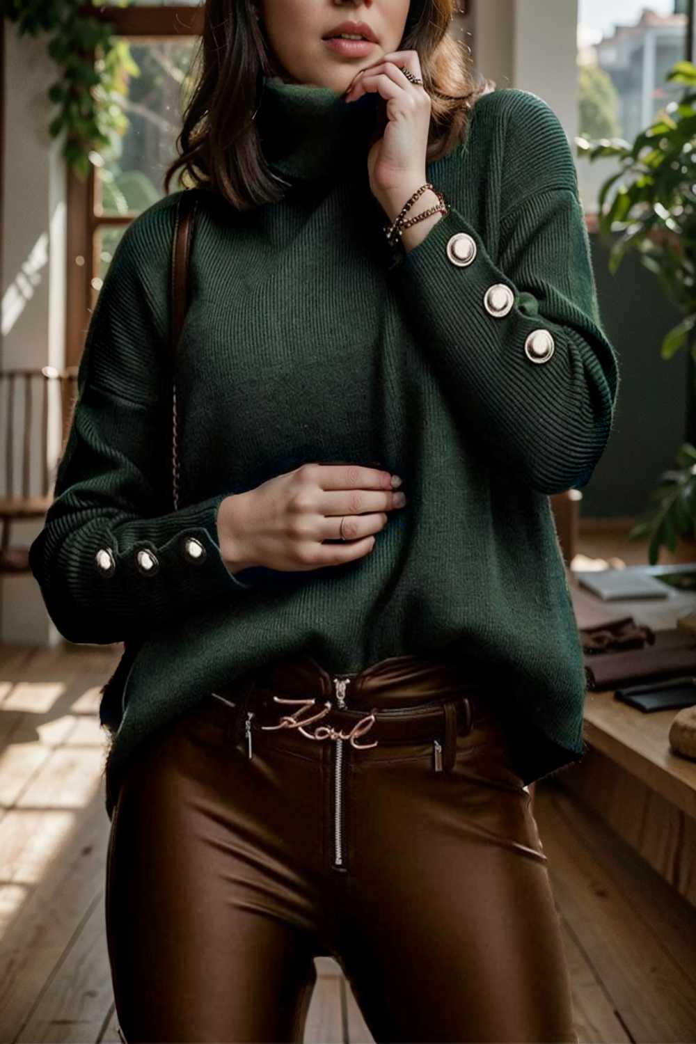 women s sweaters solid high collar button long sleeve sweater 107780