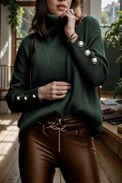 women s sweaters solid high collar button long sleeve sweater 107780