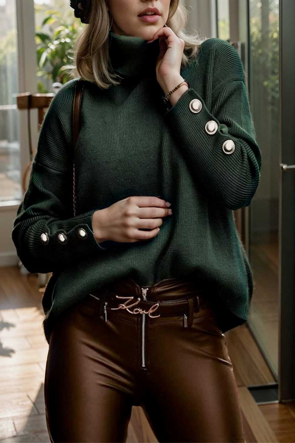 women s sweaters solid high collar button long sleeve sweater 107779