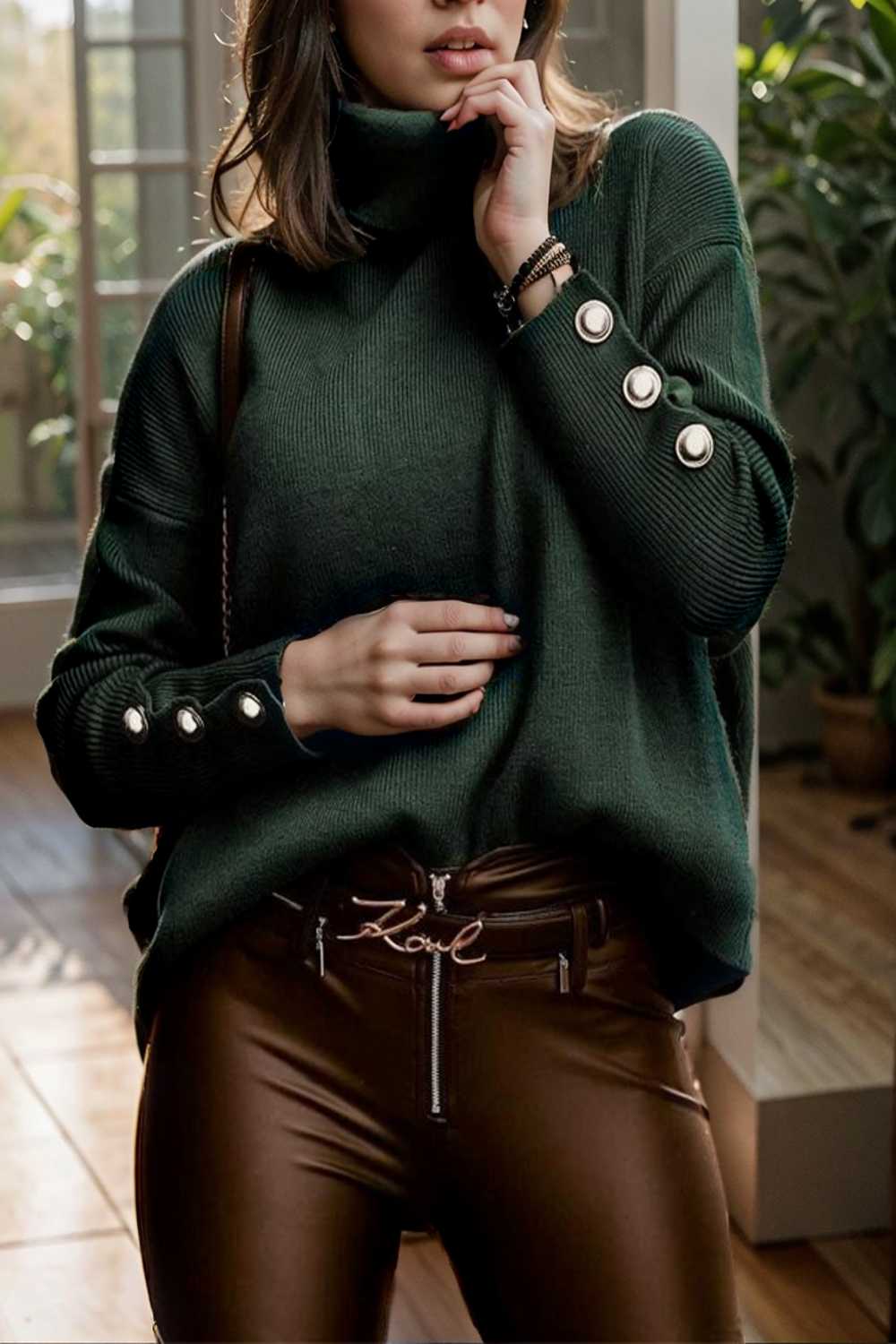 women s sweaters solid high collar button long sleeve sweater 107776