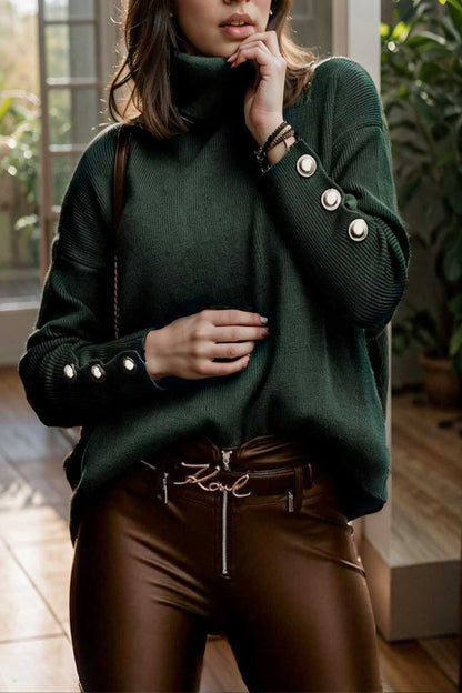 women s sweaters solid high collar button long sleeve sweater 107776
