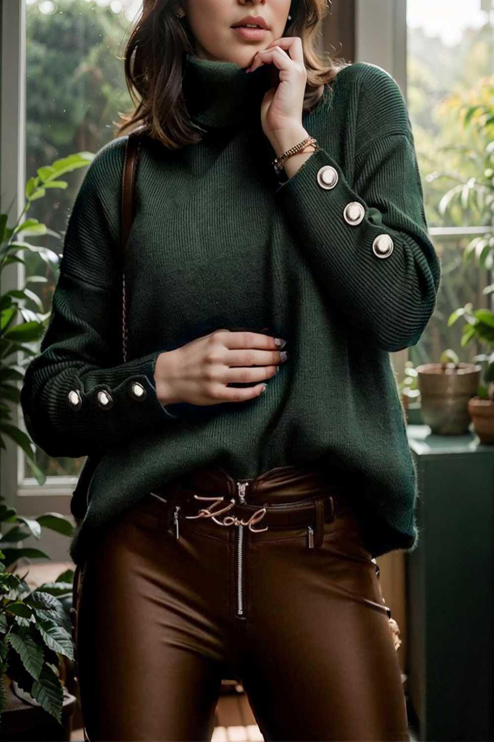 women s sweaters solid high collar button long sleeve sweater 107775