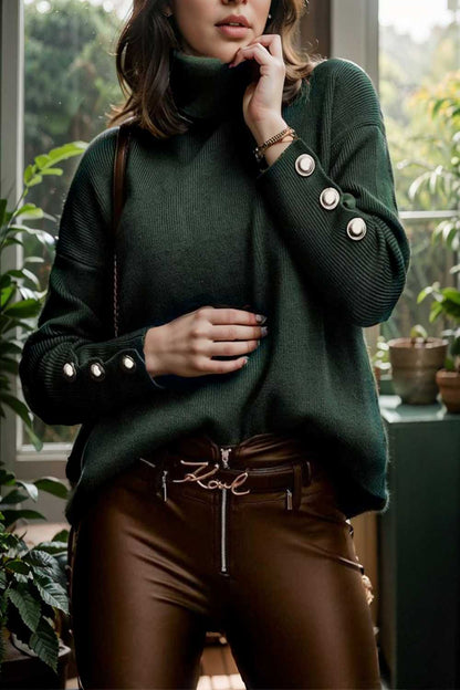 women s sweaters solid high collar button long sleeve sweater 107775
