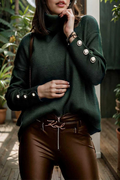 women s sweaters solid high collar button long sleeve sweater 107774