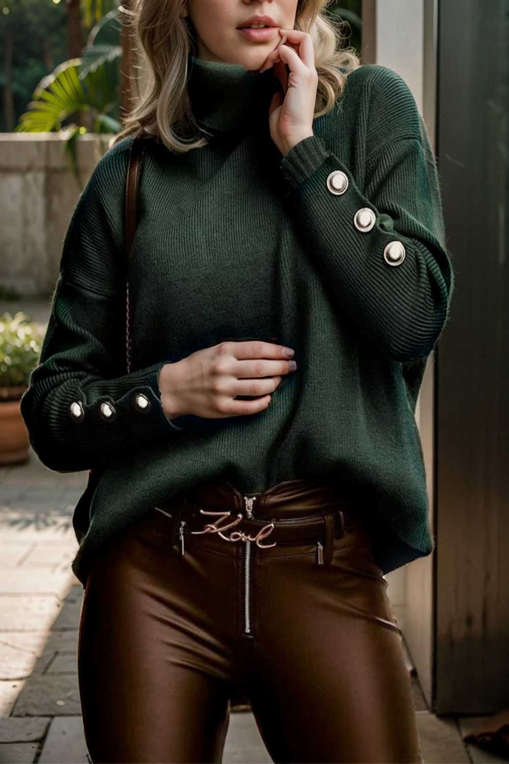women s sweaters solid high collar button long sleeve sweater 107773