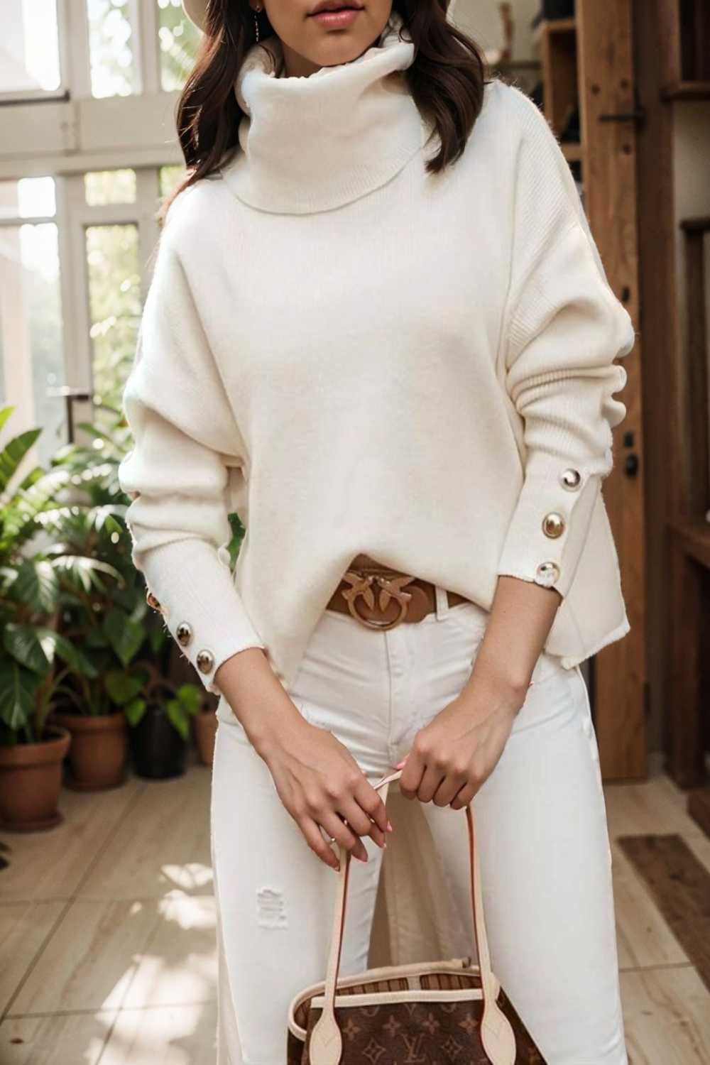 women s sweaters solid high collar button long sleeve sweater 107739
