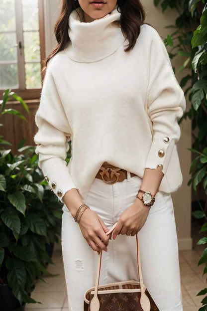 women s sweaters solid high collar button long sleeve sweater 107733