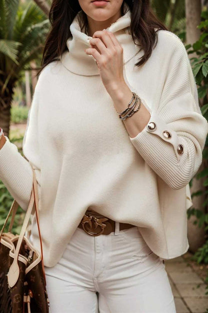 women s sweaters solid high collar button long sleeve sweater 109237