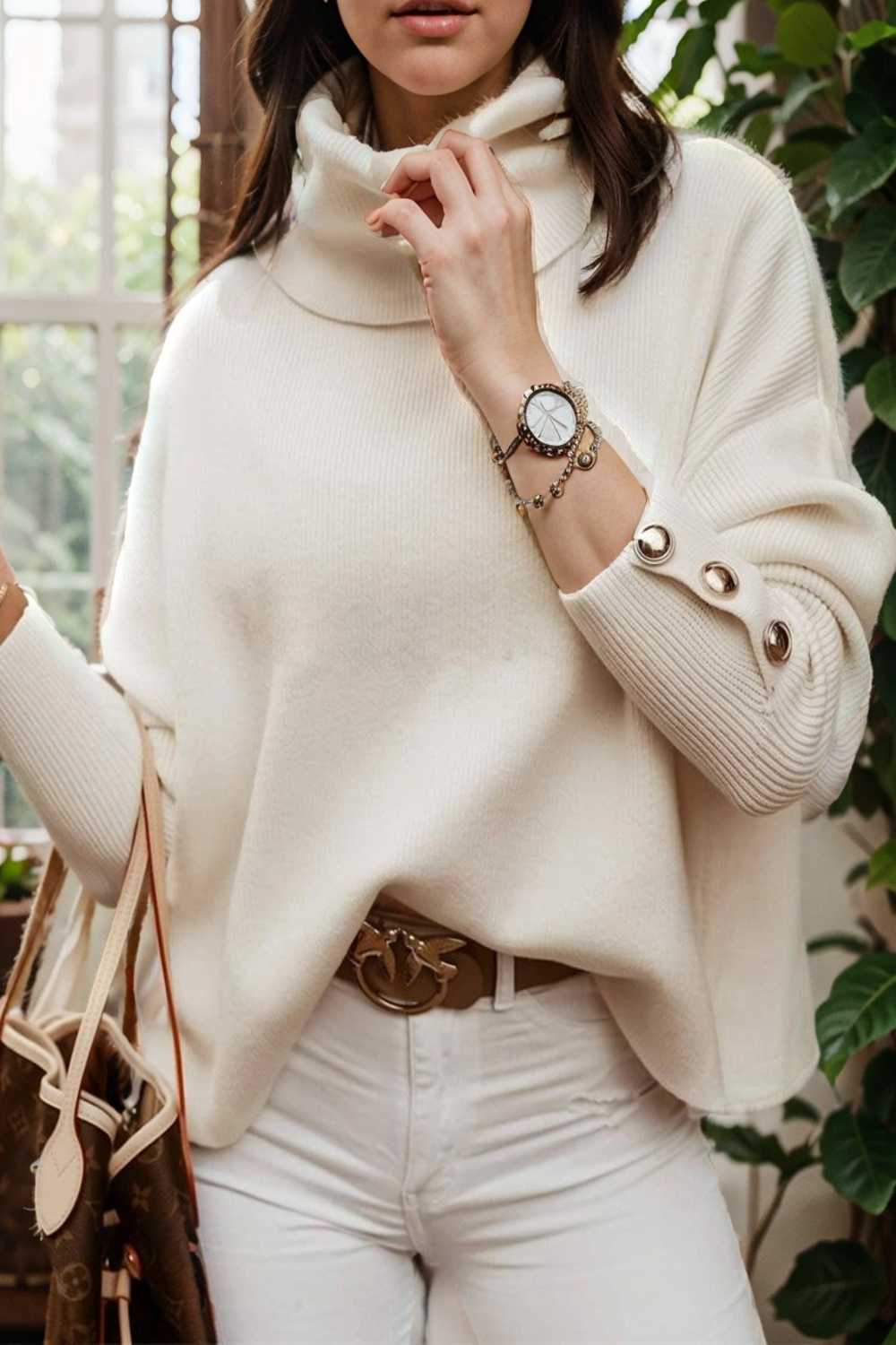 women s sweaters solid high collar button long sleeve sweater 107723