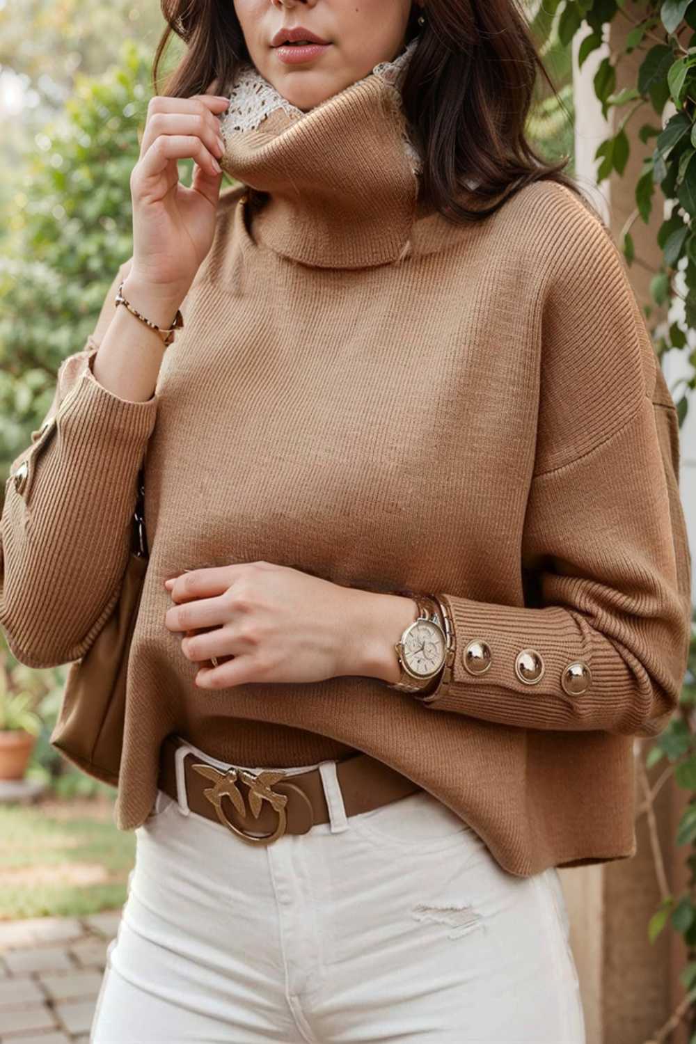 women s sweaters solid high collar button long sleeve sweater 109233