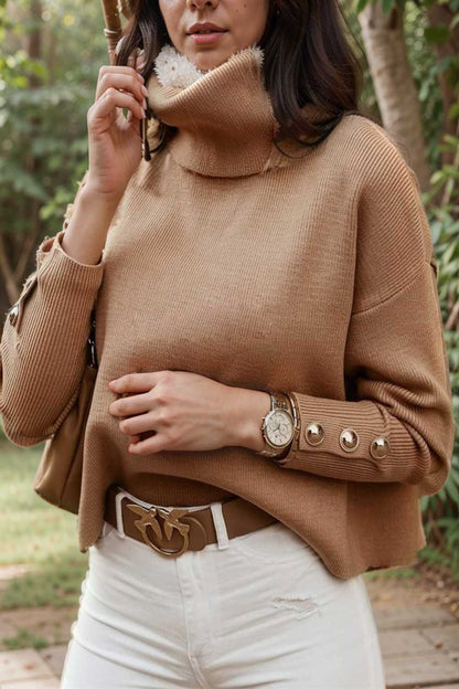 women s sweaters solid high collar button long sleeve sweater 109232