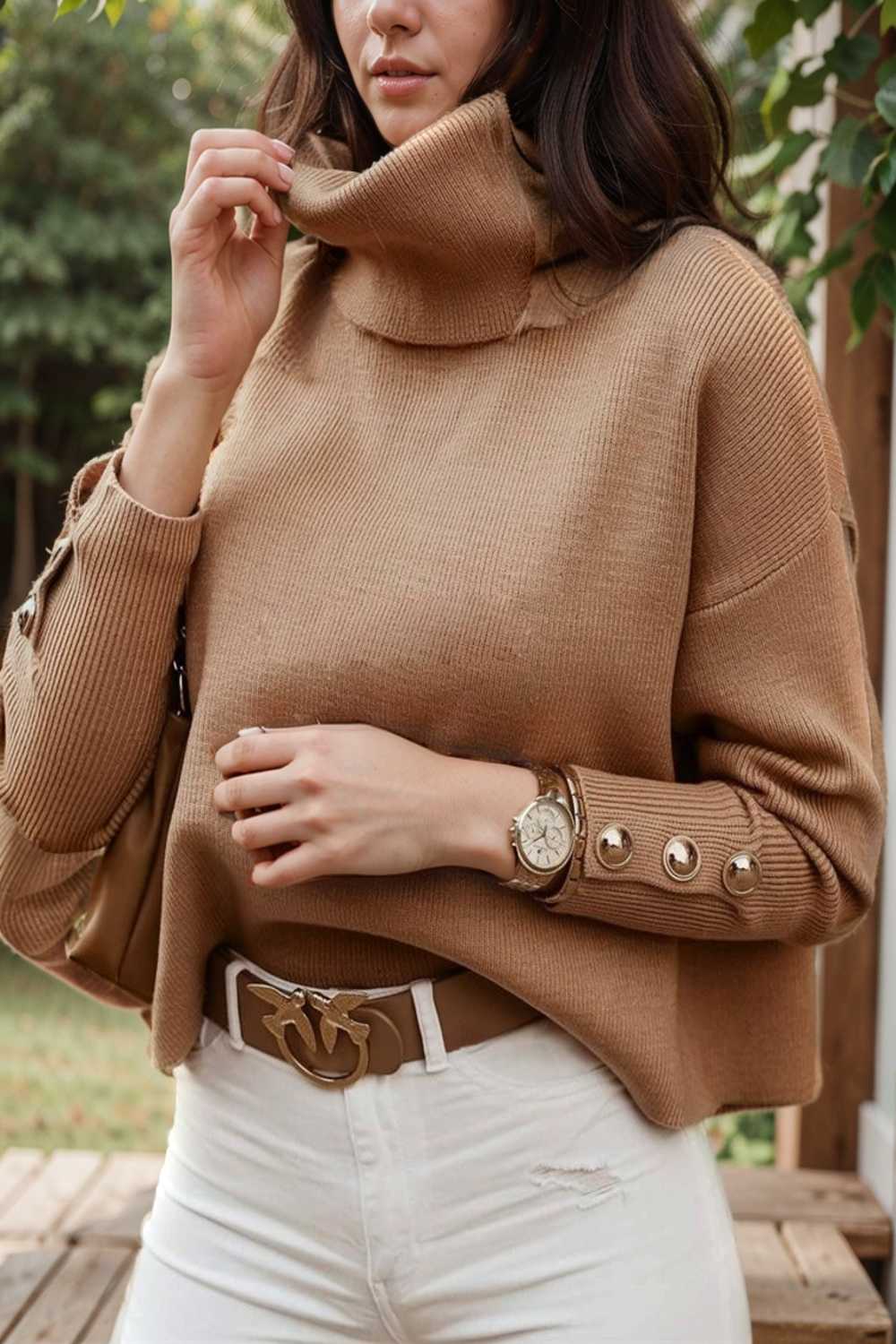 women s sweaters solid high collar button long sleeve sweater 109231