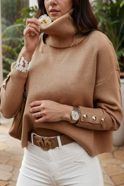 women s sweaters solid high collar button long sleeve sweater 109230
