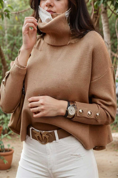 women s sweaters solid high collar button long sleeve sweater 109229