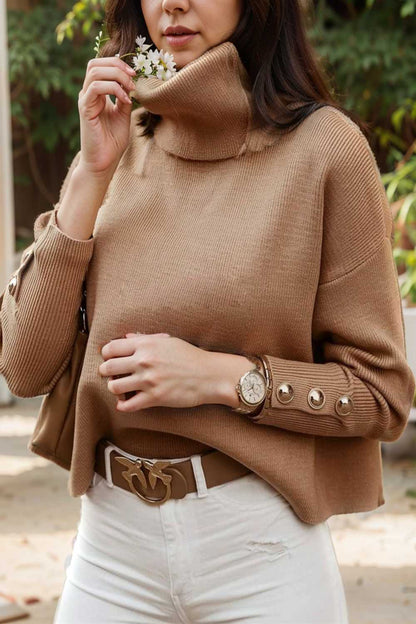 women s sweaters solid high collar button long sleeve sweater 123058