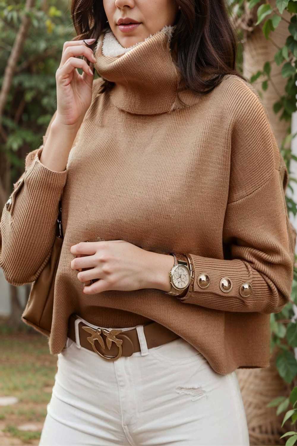 women s sweaters solid high collar button long sleeve sweater 123057