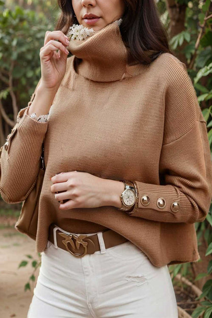 women s sweaters solid high collar button long sleeve sweater 123055