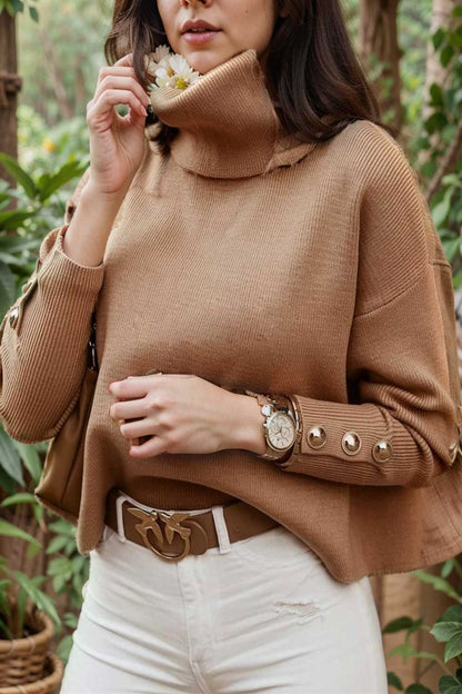 women s sweaters solid high collar button long sleeve sweater 123052