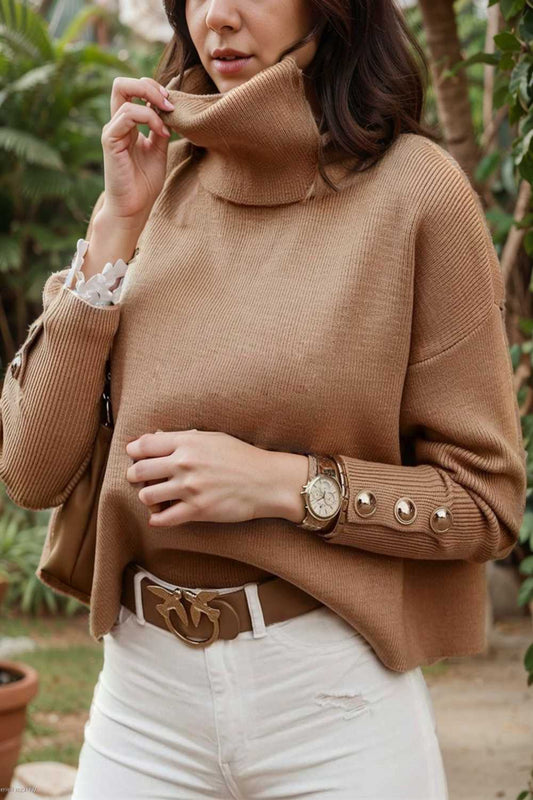 women s sweaters solid high collar button long sleeve sweater 111039