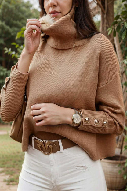 women s sweaters solid high collar button long sleeve sweater 123047