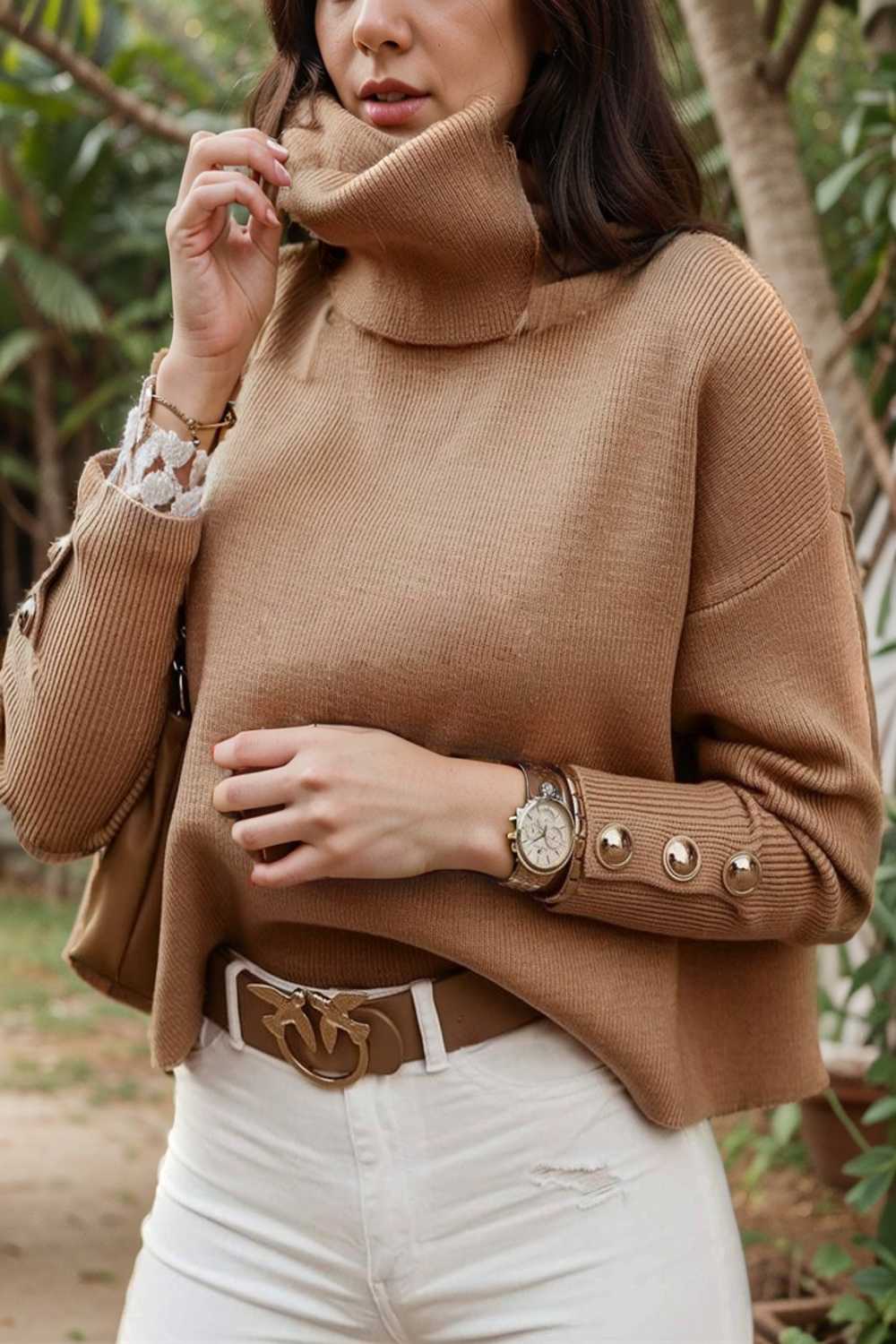 women s sweaters solid high collar button long sleeve sweater 123046