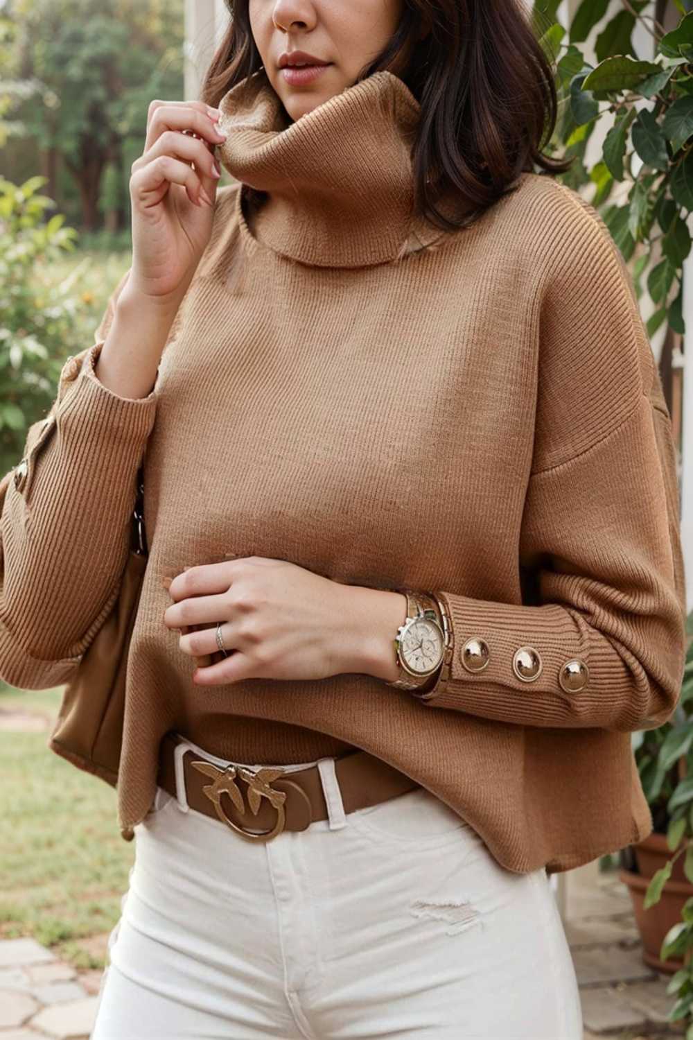 women s sweaters solid high collar button long sleeve sweater 123043