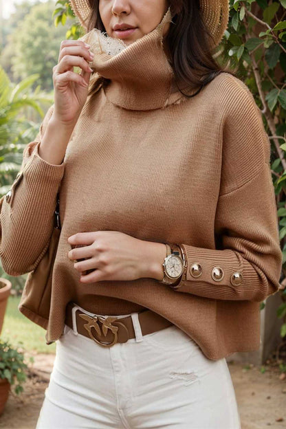 women s sweaters solid high collar button long sleeve sweater 123042