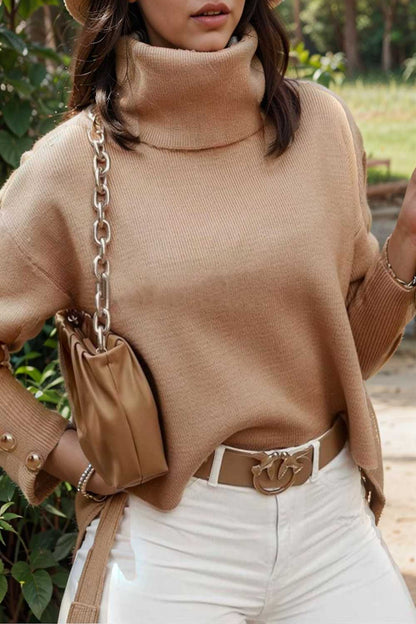 women s sweaters solid high collar button long sleeve sweater 107262