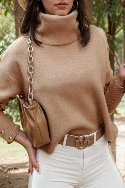 women s sweaters solid high collar button long sleeve sweater 109226