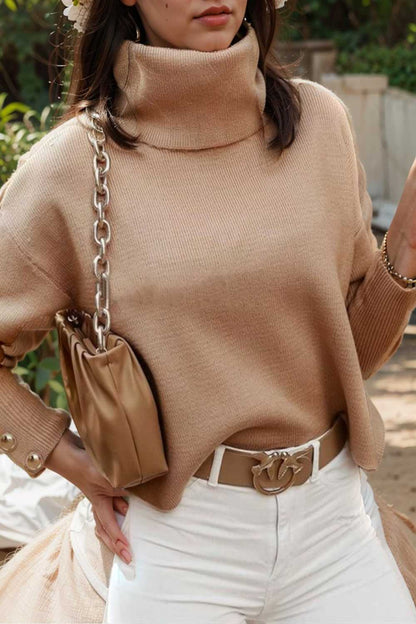 women s sweaters solid high collar button long sleeve sweater 109224