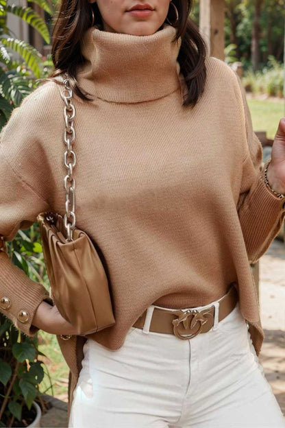 women s sweaters solid high collar button long sleeve sweater 109220