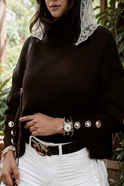 women s sweaters solid high collar button long sleeve sweater 109217