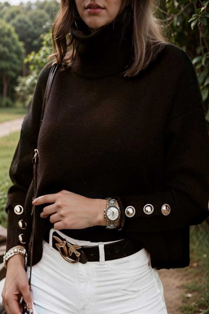 women s sweaters solid high collar button long sleeve sweater 109215