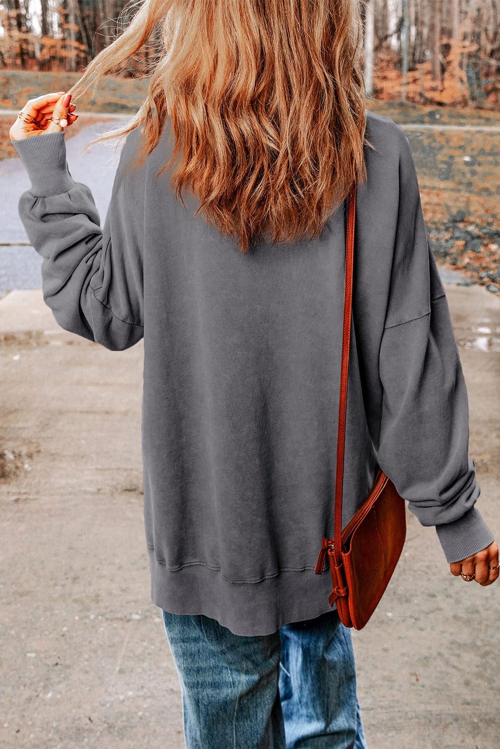 Women's T-Shirts Loose Solid Round Neck Pocket Long Sleeve T-Shirt