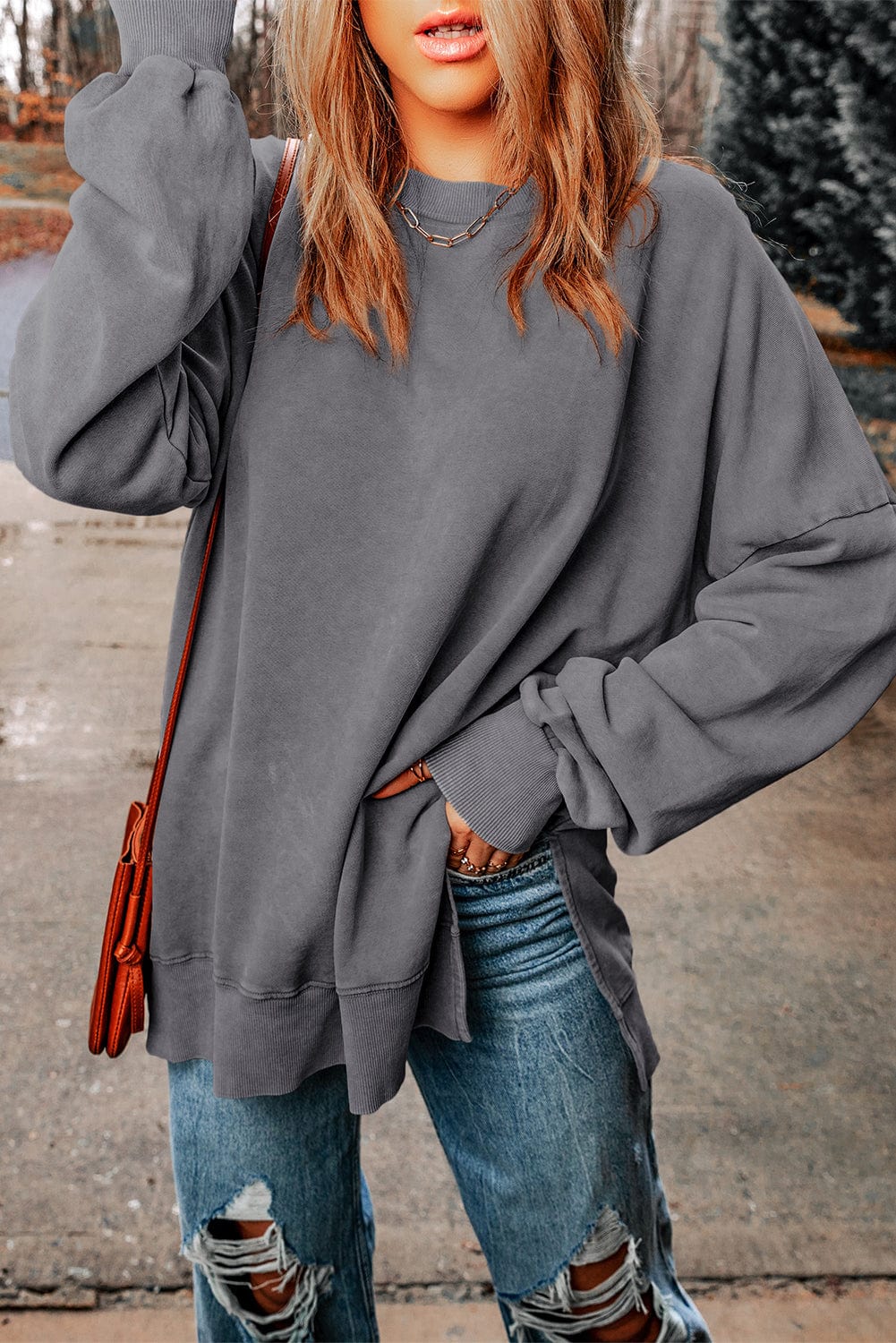 Women's T-Shirts Loose Solid Round Neck Pocket Long Sleeve T-Shirt