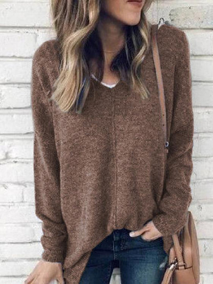 Women's T-Shirts V-Neck Pullover Long Sleeve Suede T-Shirts