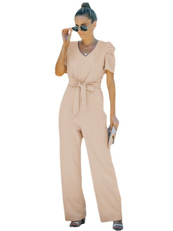 Women's Twisted Silk V-Neck Jumpsuit with Flared Waist Trousers and Pockets