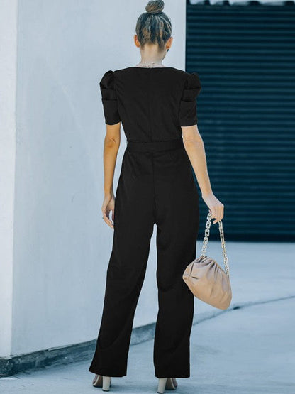 Women's Twisted Silk V-Neck Jumpsuit with Flared Waist Trousers and Pockets