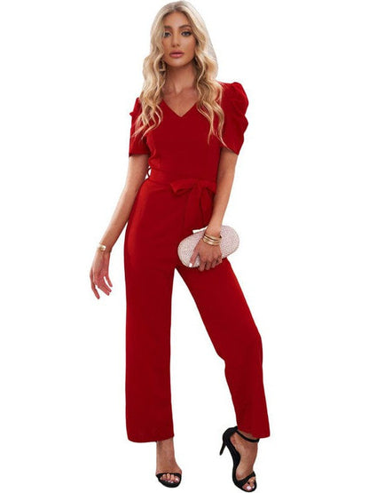 Women's Twisted Silk V-Neck Jumpsuit with Flared Waist Trousers and Pockets