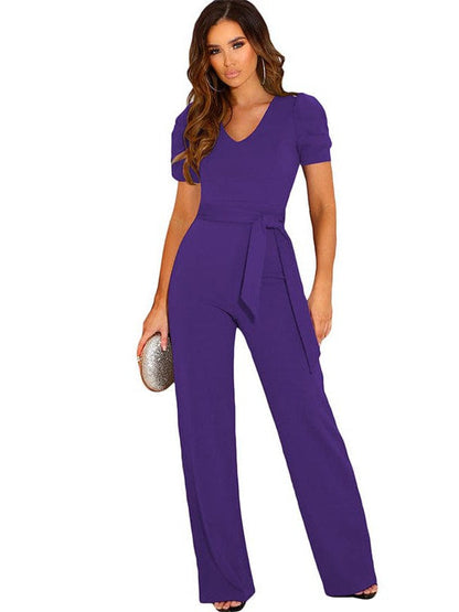 Women's Twisted Silk V-Neck Jumpsuit with Flared Waist Trousers and Pockets