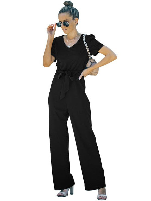 Women's Twisted Silk V-Neck Jumpsuit with Flared Waist Trousers and Pockets